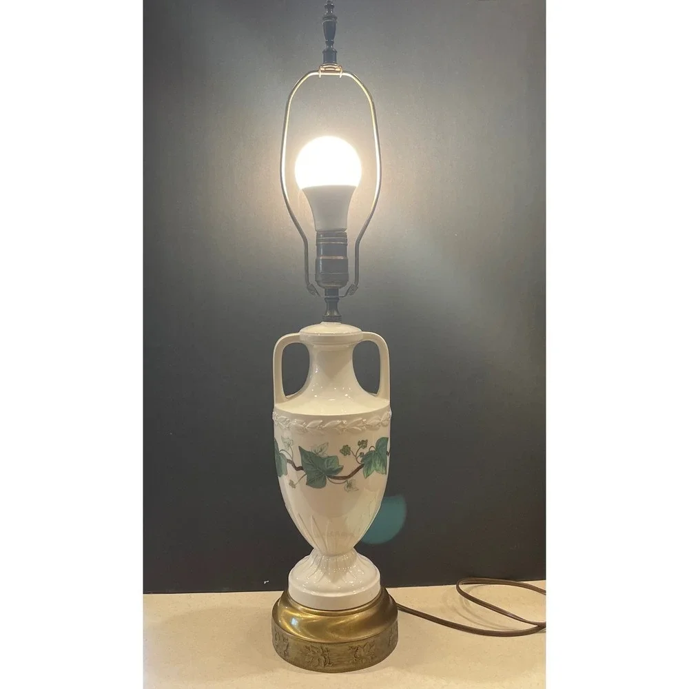 Vintage Neoclassical Ceramic Urn Table Lamp with Green Ivy Vine 3 way Working